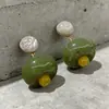 Estilo Vintage Retro Francés Hong Kong Monet Medieval Clip para Oreja Pendientes de Perla Pendientes Verdes Joyería Femenina para Orejas