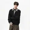 Sudadera de manga larga con solapa de retazos a cuadros estilo Miu, dos piezas falsas, para hombre, otoño, alta inteligencia, holgada