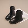 Botas para niña negras estilo británico botas Martin para niños con forro polar suela blanda botas de cuero otoño e invierno zapatos de invierno estilo occidental para niña