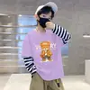 Camiseta de manga larga suelta de algodón puro para niños, camiseta interior de otoño para niños, estampado de dibujos animados, empalme de moda, camiseta de rayas