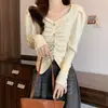 Suéter Ruched Gola Quadrada Vermelho para Mulheres, Tricô Elegante e de Alta Qualidade para Outono e Inverno