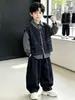Roupas Infantis Meninos Primavera e Outono Colete Jeans Conjunto de Três Peças Estilo Coreano Conjunto Bonito Moderno para Crianças de Meia-Idade e Mais Velhas Comércio Exterior
