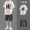 Camiseta de algodão puro de manga curta estilo americano para alunos do ensino médio e fundamental, conjunto de roupa de verão para meninos estudantes, conjunto de roupas masculinas com shorts combinando