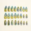 Uñas Portátiles con Estampado de Leopardo Cat-Eye Degradado Azul y Amarillo Dulce Fresco Chica Picante Manicura Larga Almendra Y2K Personalizadas Acabadas Uñas Postizas