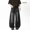 Jeans preto retro americano de bainha curva para homens, novo design de alta costura de outono, corte solto, modelador, calças pantalona fluidas