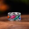Anillo retro retro de moda nacional esmaltado Flor de loto carpa estilo étnico artístico carpa abierto ajustable anillo índice masculino