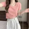 Camiseta de Verano 2026 acanalada de cuello bajo y manga corta para mujer, estilo coreano, color liso, versátil, ajuste ceñido