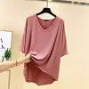 Camiseta de manga media para mujer, Primavera y Verano, Delgada de Algodón Modal, Top con cuello en V, Talla Grande, Holgada, Manga Media, Delantera Corta, Trasera Larga, Camiseta Básica