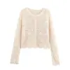 Cardigan de Tricô Popular Europeu e Americano para Mulheres do Aliexpress, Novo, Gola Redonda, Manga Longa, Vazado, Barra Ondulada