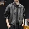 "Patchwork desconstruído" Jaqueta de couro estilo retrô americano fosca com gola alta, jaqueta de motocicleta masculina de outono, peça de outer wear preta e marrom de alta qualidade