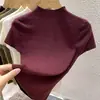 Camiseta Feminina Slim Manga Curta Design Francês Nicho Camisa Básica Gola Alta Meia Malha Top Interno Tricô Preto 2025