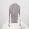 Camiseta de Top Plisado de Mimbre Línea Principal Miyake para Mujer Elegante Cuello Semi Alto Diseño Ajustado Moda Versátil Camisa Básica