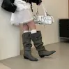 Botas Plisadas de Punta Fina 2026 Otoño/Invierno Nuevo Estilo Hebilla de Cinturón Botas Altas de Monta Botas Largas Plisadas con Tacón Grueso