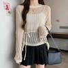Blusa oca de gancho irregular de senso de design de nicho feminina de verão fina de manga comprida com decote redondo na cintura com cadarço e blusa de malha