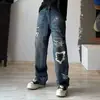 Jeans Estampado de Marca da Moda Novo Versátil Reto High Street Lavado Graffiti Design Pintado à Mão Solto Perna Larga Calças Longas