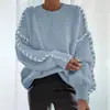 Suéter tejido de punto suelto casual de color liso con cuello redondo para mujer, talla grande, manga larga, cordón, adelgazante, de Amazon europeo y americano