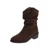 Botas de tornozelo femininas retrô, de camurça, com salto grosso, plataforma, bico fino e franzidas, nova coleção outono/inverno 2026, estilosas e versáteis, elegantes botas curtas