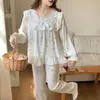 Pijama de Algodón Nube para Mujer, Estilo Princesa Primavera y Otoño Encaje Manga Larga Dulce Casual Delgado Conjunto de Ropa para el Hogar para Mujer