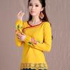 95 Algodón Otoño e Invierno Nuevo Estilo Étnico Ropa de Mujer Mangas Farol Bordadas Top Estilo Chino Camiseta Básica de Manga Larga t Shihai