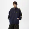 Sudadera de Rayas Estilo Americano con Cuello Alto para Pareja para Hombre, Tendencia de Otoño Marca Retro Media Cremallera con Sentido de Diseño, Chaqueta Deportiva Pesada