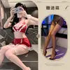 Lencería sexy para mujer, vestido de sirvienta de tres puntos con bragas de entrepierna abierta, uniforme de encaje y lazo