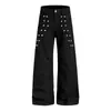 Calça reta plissada com rebite e fivela de metal de múltiplas fileiras para homens, novo design de nicho de outono, calça casual solta que afina a silhueta para mulheres