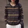 Cárdigan de punto fino a rayas de bloques de color vintage para mujer, de manga larga y cuello redondo, versátil top de capa base para otoño e invierno.