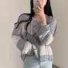 Top de punto coreano retro a rayas con patrón trenzado, manga corta y larga, protector solar, diseño holgado y fino para mujer, algodón