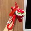Chaveiro Pingente Flor Rosa de Crochê Produto Acabado, Decoração de Mochila, Presente de Formatura para Estudante