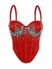 Corset Espinha de Peixe com Corrente de Diamante, Camisola de Palco Brilhante com Strass, Top Colado ao Corpo Espinha de Peixe Push-Up, Corpete Bordado à Mão