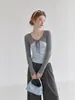 Forever Estilo Coreano Bloques de Color Lunares Encaje Atado Chal Falso Dos Piezas Camiseta de Manga Larga para Mujer Otoño Adelgazante Favorecedor Top Pequeño