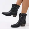 Botines Negros de Tacón Grueso para Mujer con Bordado, Cremallera Lateral, Punta Fina, Estilo Caballero, Botas para Mujer Europeas y Americanas