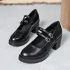 Sapatos de couro estilo britânico de salto alto para mulheres 2022 novos mocassins slip-on salto grosso boca rasa sapatos Mary Jane