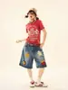 Toalla Retro Estilo Americano Hamburguesa Papas Fritas Pantalones Cortos de Mezclilla Bordados Moda Verano Suelto Pierna Ancha Rectos para Hombre y Mujer