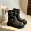 2026 Nuevas Botas Negras Cuadradas con Hebilla de Cuero de Media Pantorrilla para Mujer Moda Tacón Bajo Arrugadas de Caballero Botas Largas
