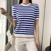 Camiseta de punto de algodón puro a rayas de manga corta, estilo verano nuevo, rejuvenecedora, corte holgado, versátil
