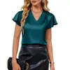 Camisa de Verano con Cuello en V de Satén y Gasa, Manga Corta con Volantes, Corte Holgado para el Trabajo, Top para Mujer