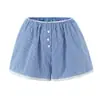 6804-26 Nuevo Estilo de Principios de Primavera Estilo Retro Francés Holgado Relajado para Casa Casual con Botones Tira de Encaje Rayados Shorts