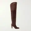 Botas de Salto Alto Bico Fino em Camurça Damasco 2023 Novas Elásticas Slim Acima do Joelho Salto Grosso Botas Altas