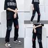Vaqueros ajustados elásticos de estilo hip-hop para hombre, de moda, con parches bordados de flores de anacardo, estilo hip-hop, para tiendas transfronterizas de Amazon, Europa y América.
