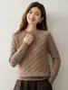 Suéter de Cachemira Jacquard Tejido en Cable para Mujer, Cuello Redondo, Manga Larga, Jersey, Elegante Versátil Francés, Capa Base de Punto de Color Liso