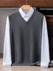 Chaleco de hombre 100% cachemir con cuello en V, tejido liso, corte holgado, adecuado para usar debajo de suéteres, venta al por mayor para comercio exterior