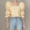 Coreano chique estilo francês suave emagrecimento quadrado clavícula top design plissado puff manga camisa chiffon para as mulheres