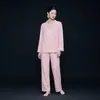 Pijama de Fibra de Bambu com Lapela para Mulheres, Cardigan Fino para Primavera e Outono, Conjunto de Calças de Manga Longa, Conjunto de Roupa de Casa Solta de Algodão para Outono e Inverno