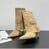 Botines con Hebilla Retro para Mujer Otoño Invierno Nuevos Leggings de Gamuza Botines Cortos Estilo Coreano Tacón Alto Botines Pequeños Color Nude Botas Vaqueras