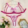 Conjunto de lencería de malla floral bordada estilo puro deseo transfronterizo para mujer, conjunto sexy erótico de tres piezas sin aros