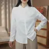 Camisa de algodão com gola alta em gaze de dupla camada para mulheres, de manga longa, corte solto, versátil e adequada para o trabalho, camisa macia