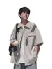 Camisa Corta de Manga Corta Empalmada para Hombre en Verano Estilo Japonés Cityboy Holgada Casual Cuello Solapa Chaqueta Camisa de Trabajo