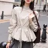 Camisa Listrada para Mulheres, Design de Outono, Gola Alta Nicho, Novo Estilo Chinês, Manga Longa, Cordão para Amarrar, Pulôver, Top Solto Bufante