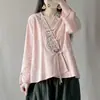 Camisa de botones estilo retro, nueva camisa de algodón y lino bordada estilo chino, cuello en V, vestido de té para mujer 2026 primavera/otoño, top cárdigan corto
